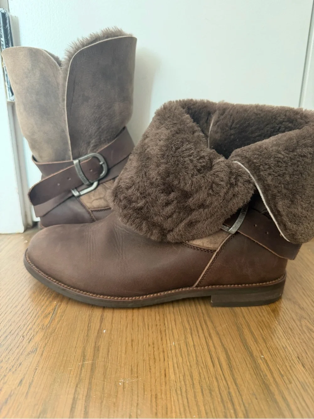 Emu Brown Shearling Cuff Buckle Ankle Boots